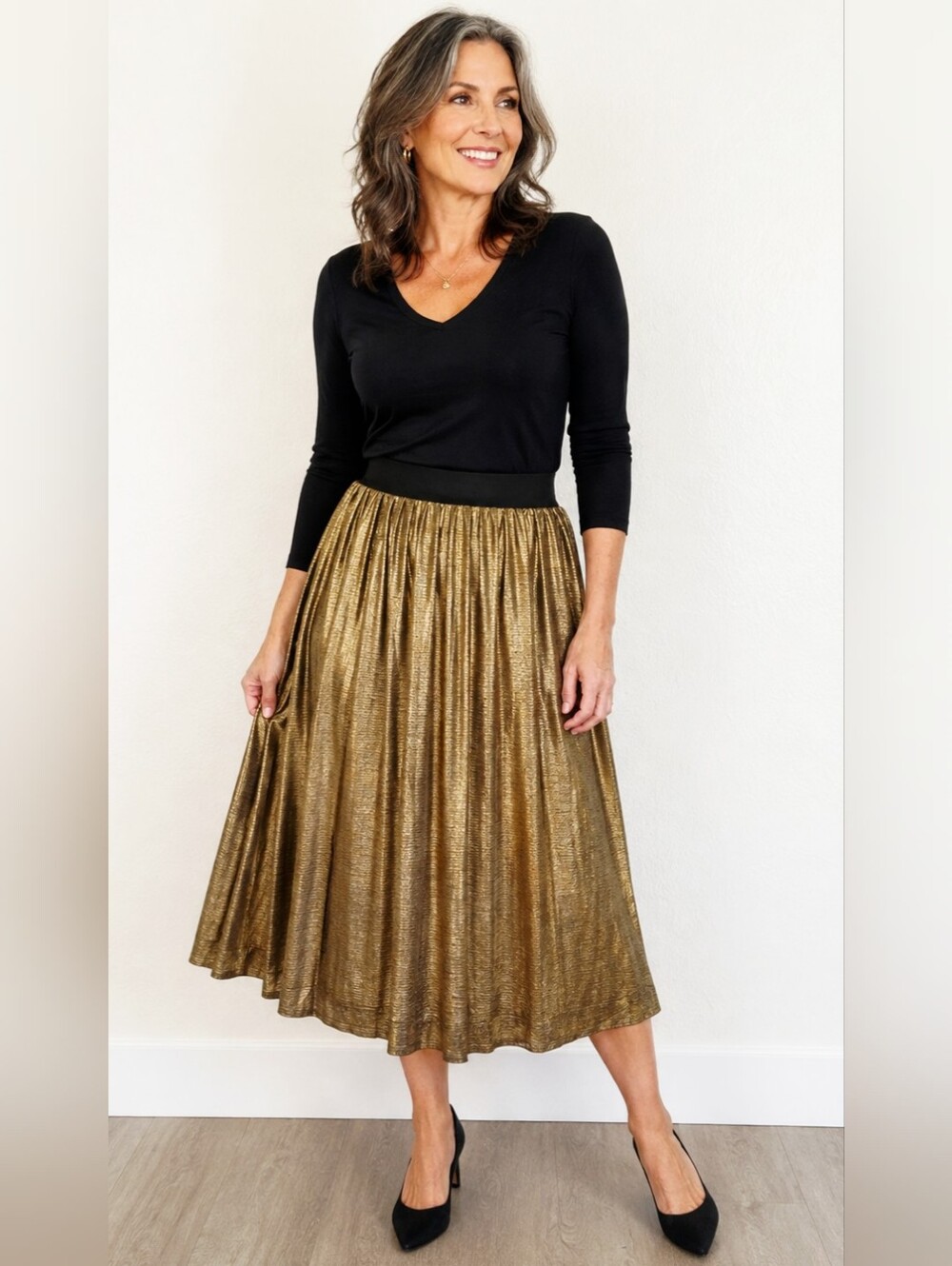 Metallic Gold & Black Pleated Midi-Skirt with Black Waistband, Size XL